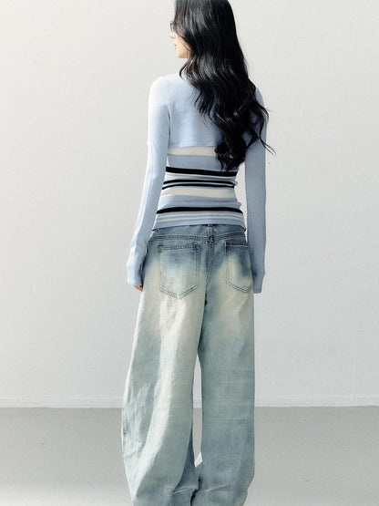7Shiftin Striped Two Piece Cardigan And Camisole Casual Women Blue Long Sleeve T-Shirts