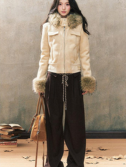 7Shiftin Brown Drawstring Pocket Natural Waist Original Straight Women Wide Leg Pants