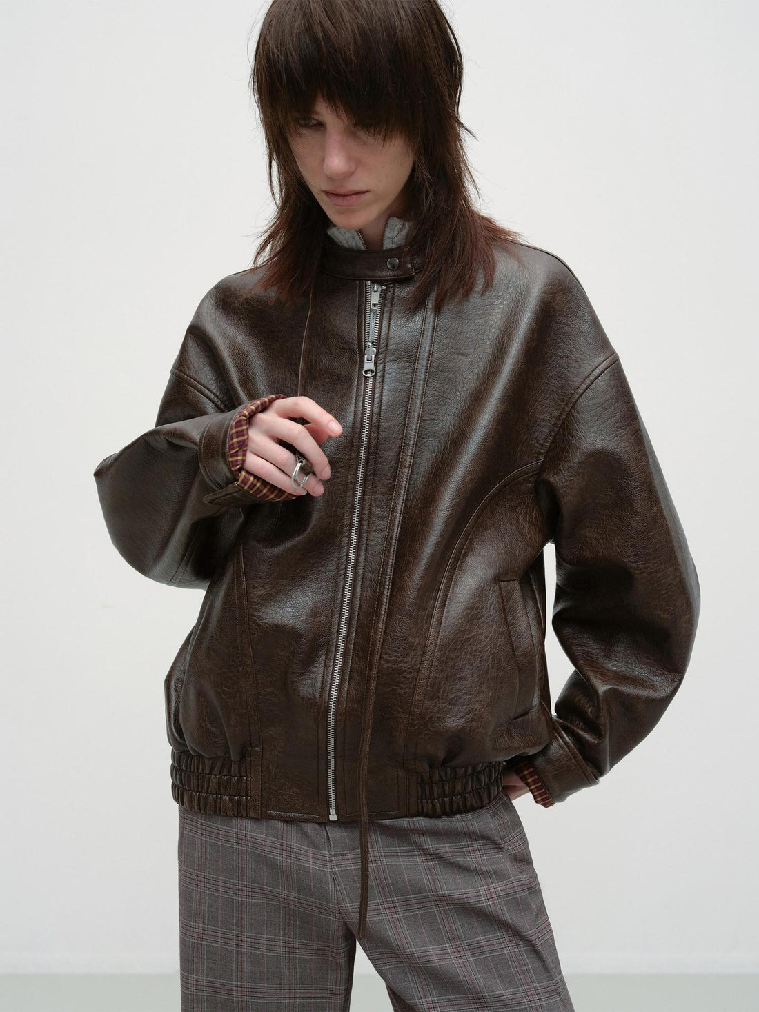 RUN TO THE FUTURE Vintage Brown Zipper Loose Fit Stand Collar Commuter Washed Leather Jackets