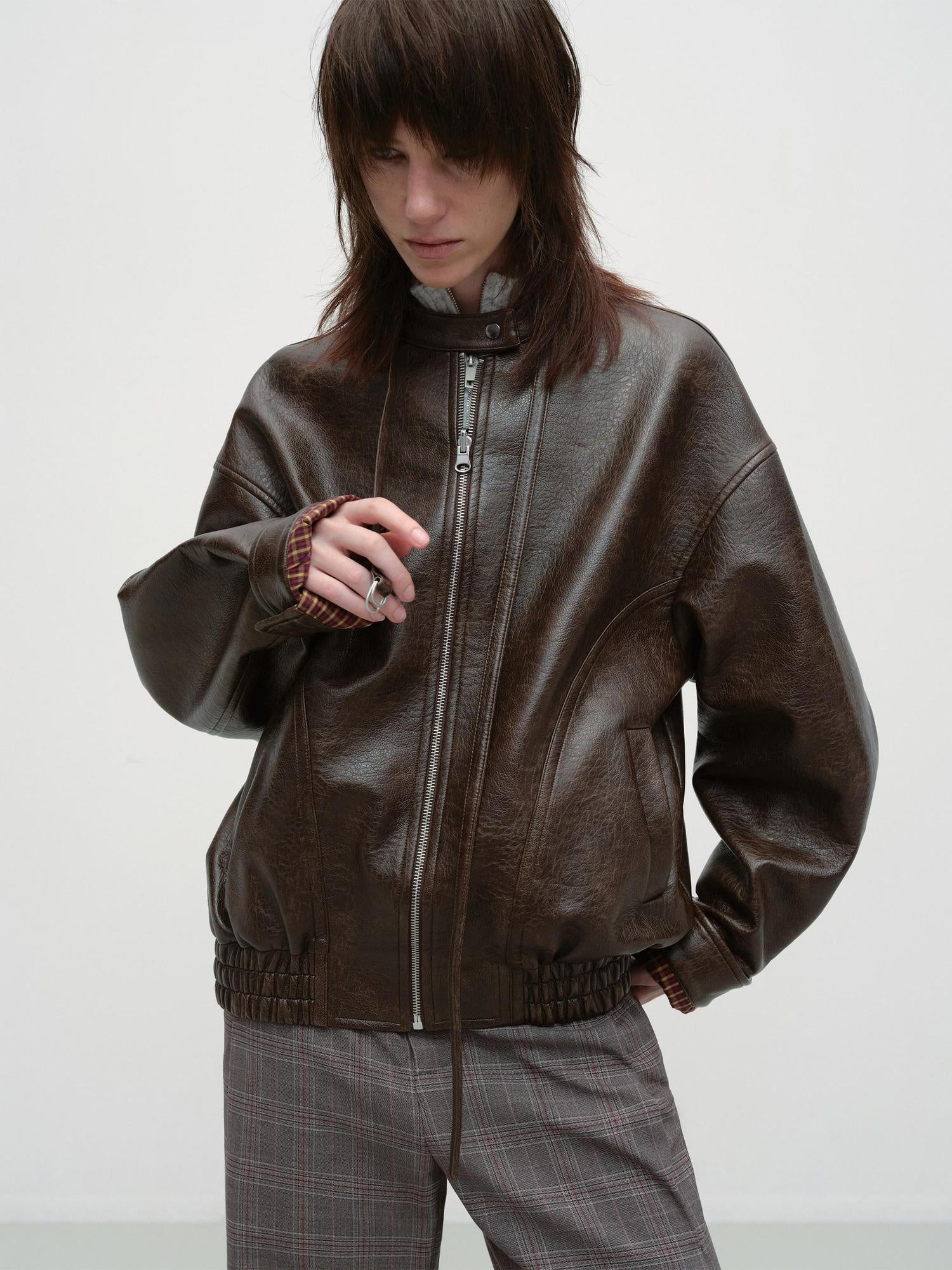 RUN TO THE FUTURE Vintage Brown Zipper Loose Fit Stand Collar Commuter Washed Leather Jackets