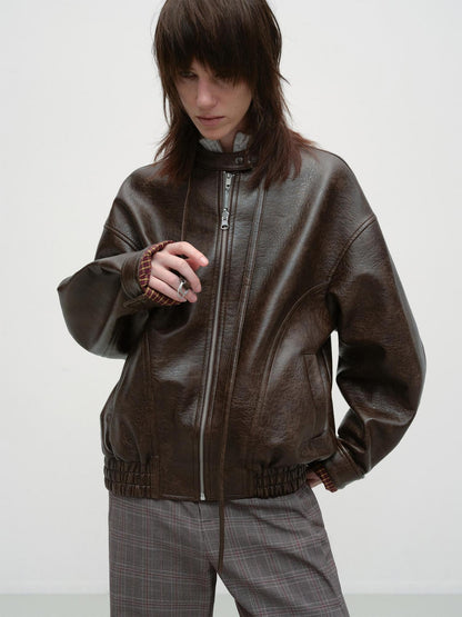 RUN TO THE FUTURE Vintage Brown Zipper Loose Fit Stand Collar Commuter Washed Leather Jackets