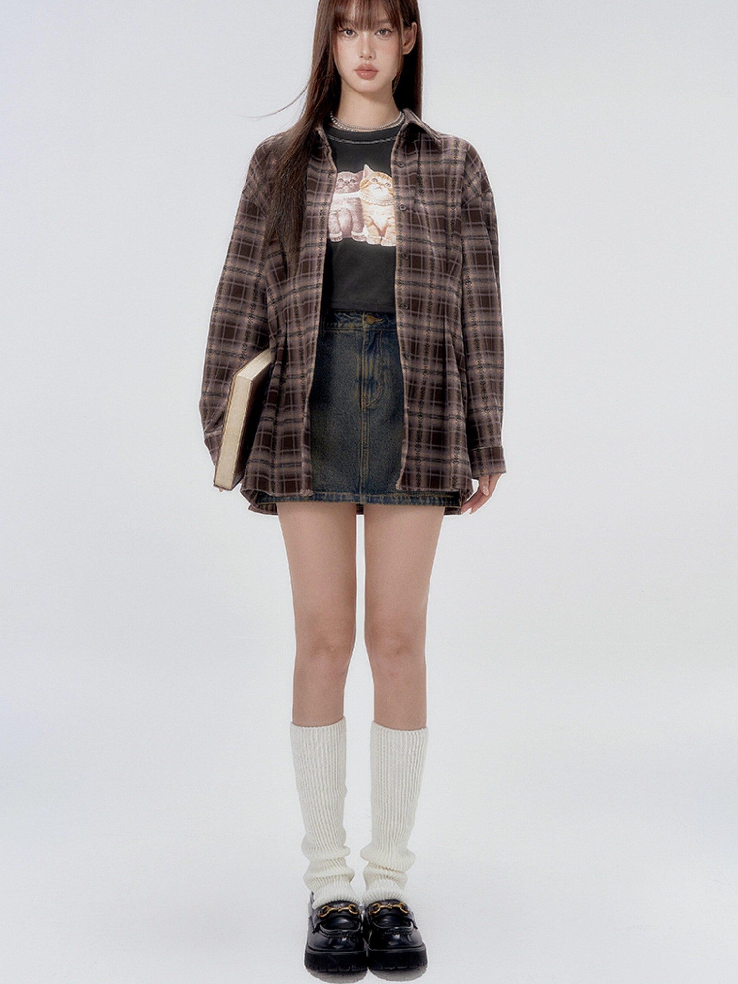 DKZ OFFICIAL Plaid Shirred Drop Shoulder Women&