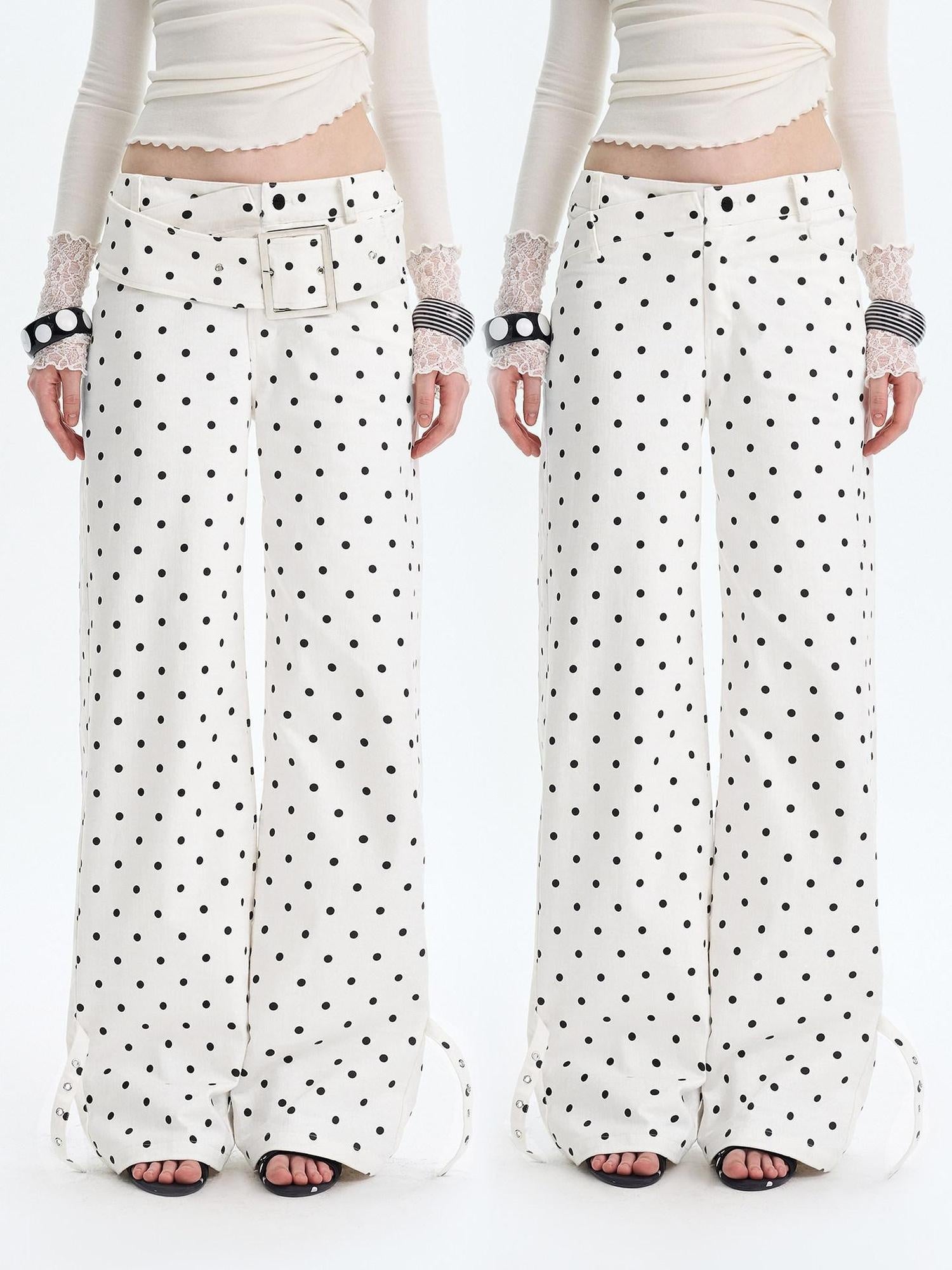 The NeverMore White Polka Dot V Waist Loose Fit Button Fly Women Denim Straight Leg Jeans