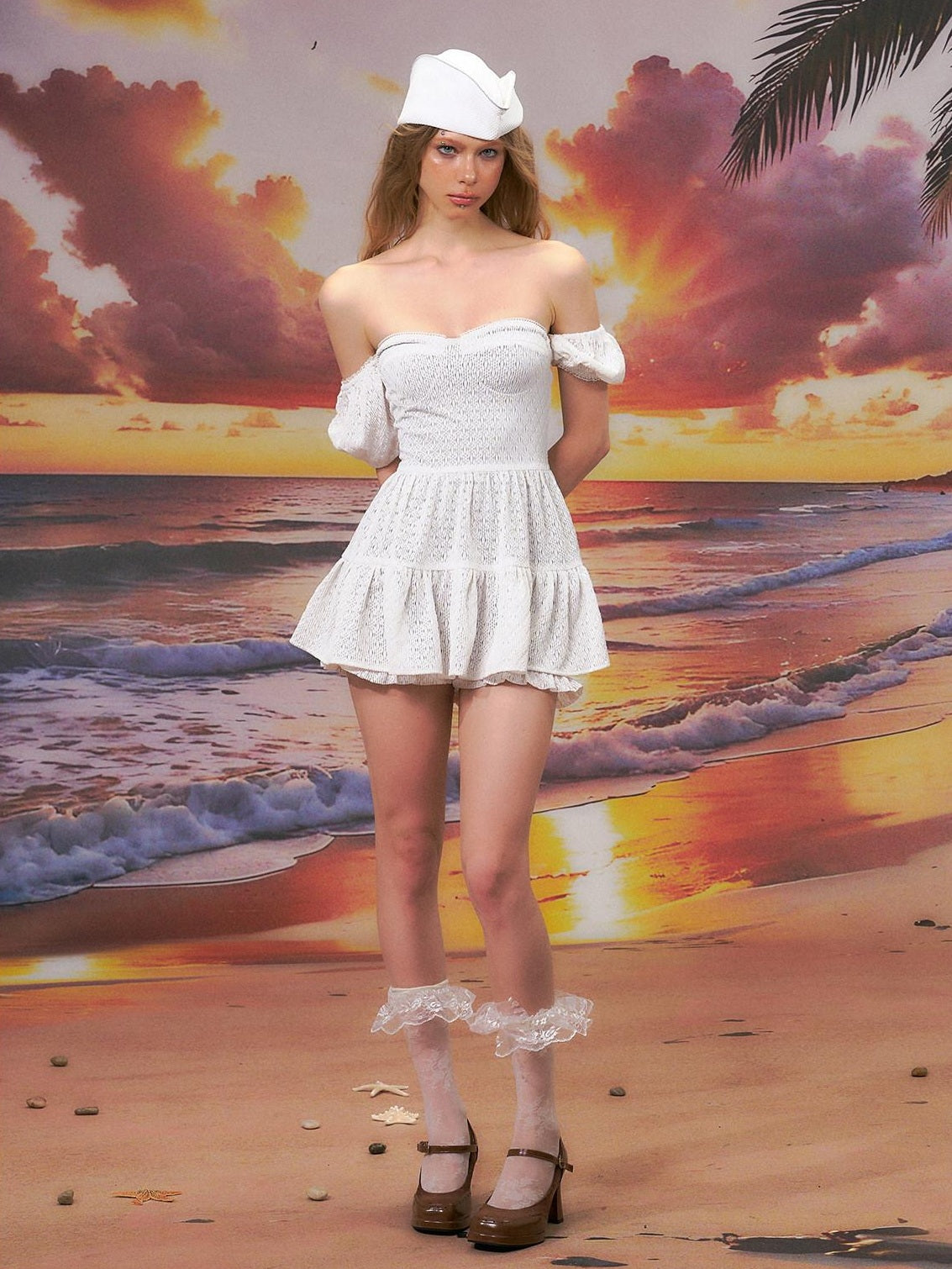 The NeverMore Flattering High Waist Eyelet Bardot A Line Women White Polyester Mini Dresses