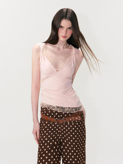 The NeverMore Soft Lace Slim Fit V-neck Stretch Cotton Tencel Women Pink Camisoles