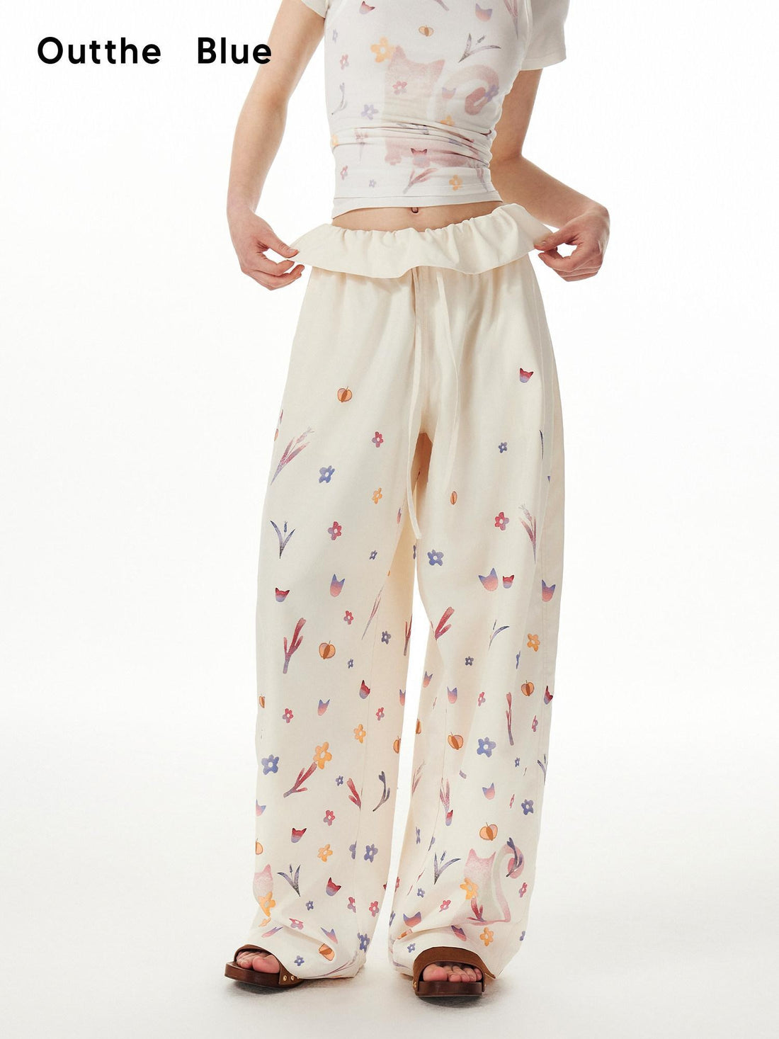 OuttheBlue Cute Cat Floral Print Sweet Natural Waist Long Polyester Women Straight Pants