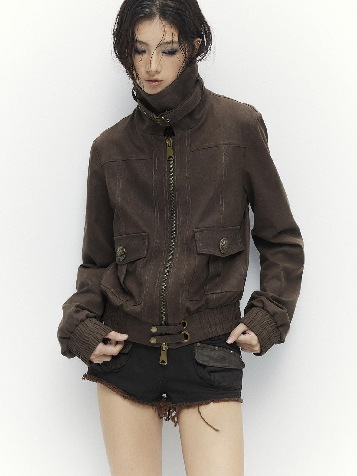 Low pixel Metal Trim Vintage Standard Womens Brown Zip Lapel Cropped Jackets