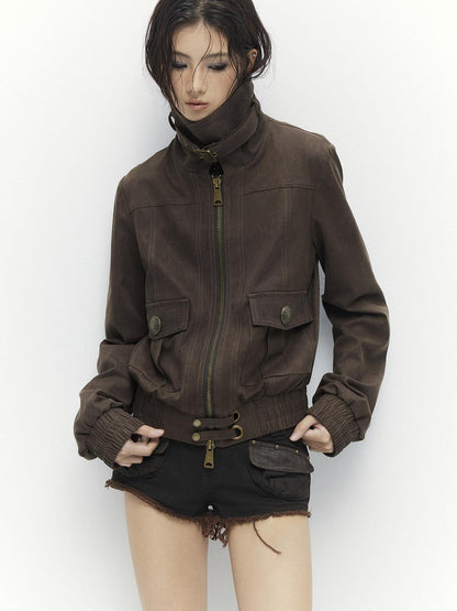 Low pixel Metal Trim Vintage Standard Womens Brown Zip Lapel Cropped Jackets