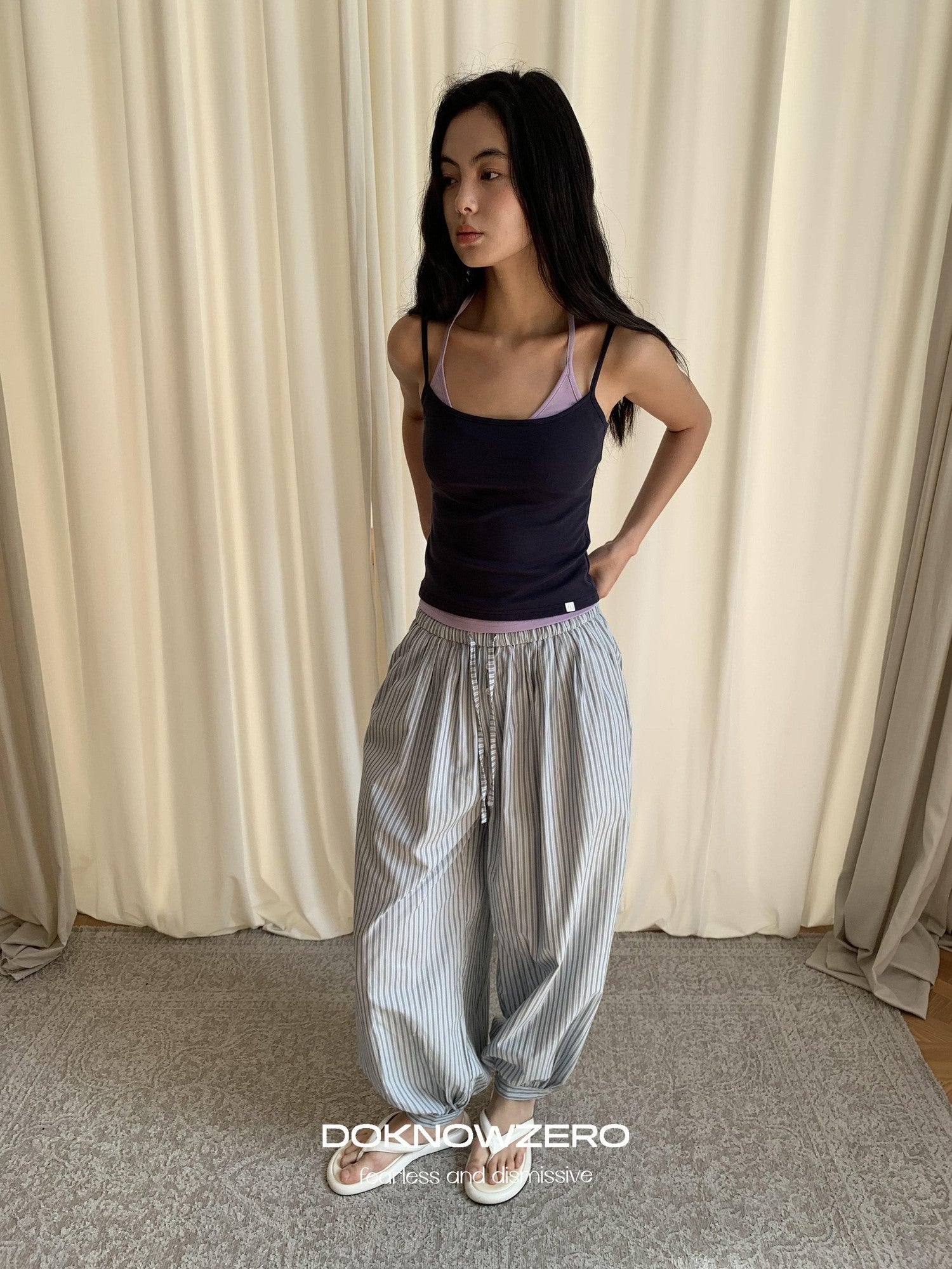 DKZ OFFICIAL Blue White Striped Relaxed Tapered Women&