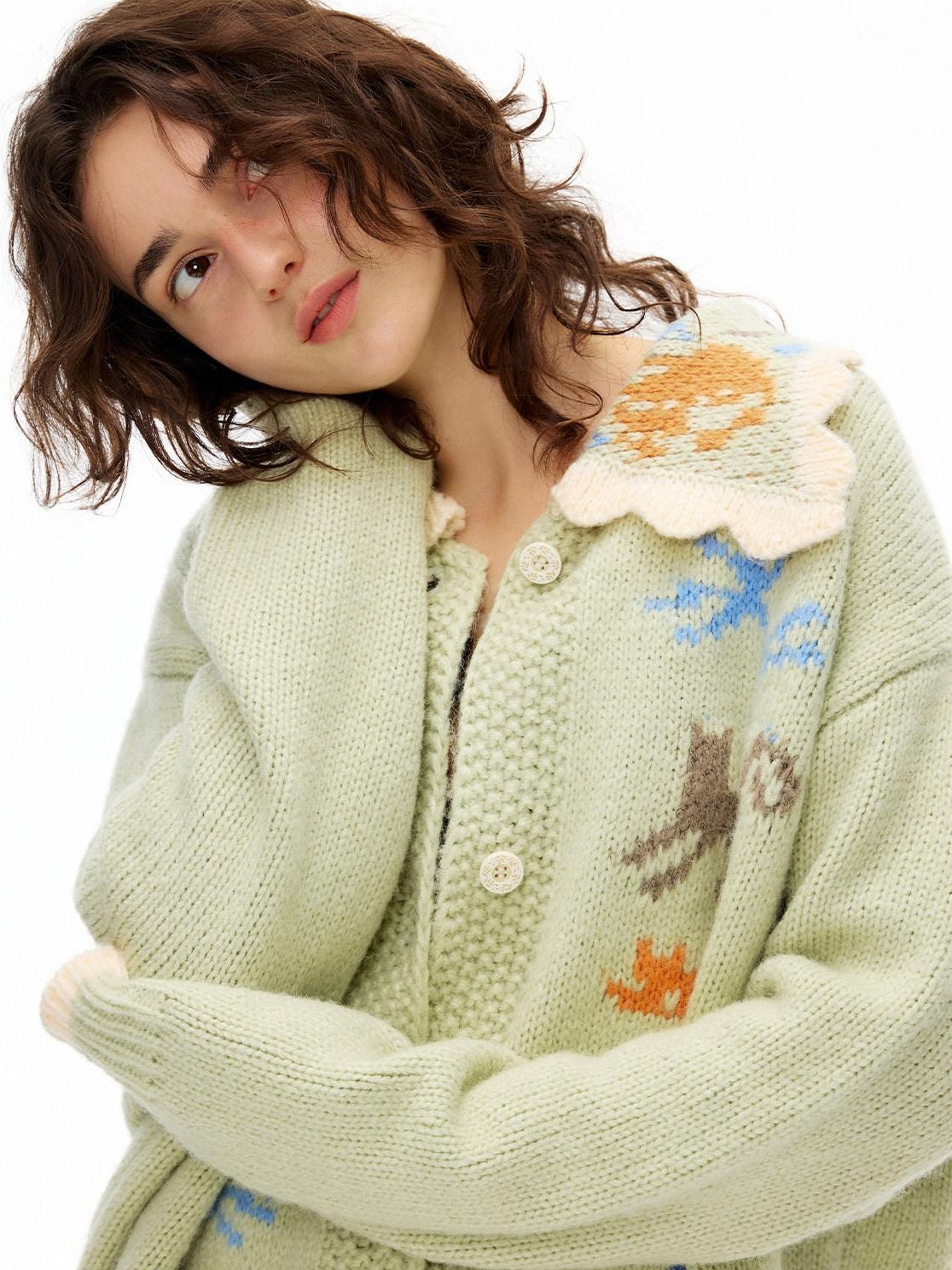 OuttheBlue Warm Acrylic Wool Commuter Loose Jacquard Mint Green Cardigans