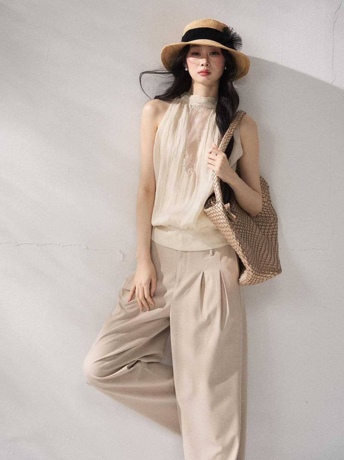 7Shiftin Soft Lyocell Loose Halter High Neck Short Beige Womens Off Shoulder Crop Tops