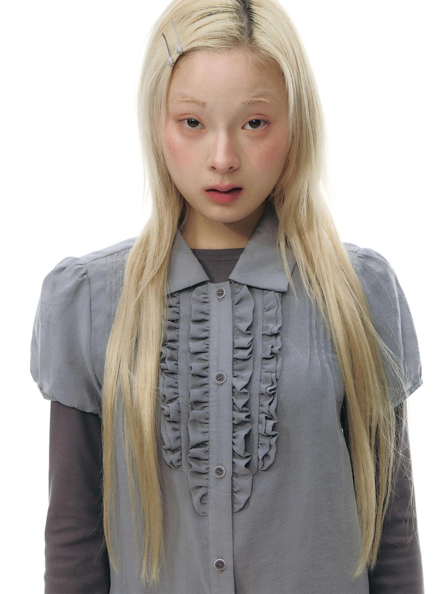 NAPSNAPS Gray Blue Lace Puff Sleeves Cardigan Women&