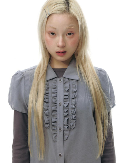 NAPSNAPS Gray Blue Lace Puff Sleeves Cardigan Women&