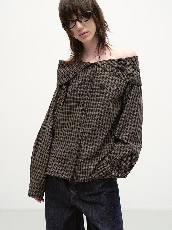 RUN TO THE FUTURE Original Design Breathable Cotton Loose Fit Plaid Bardot Womens Blouses