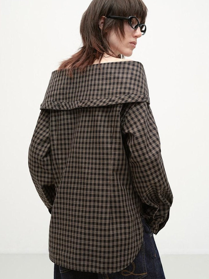 RUN TO THE FUTURE Original Design Breathable Cotton Loose Fit Plaid Bardot Womens Blouses