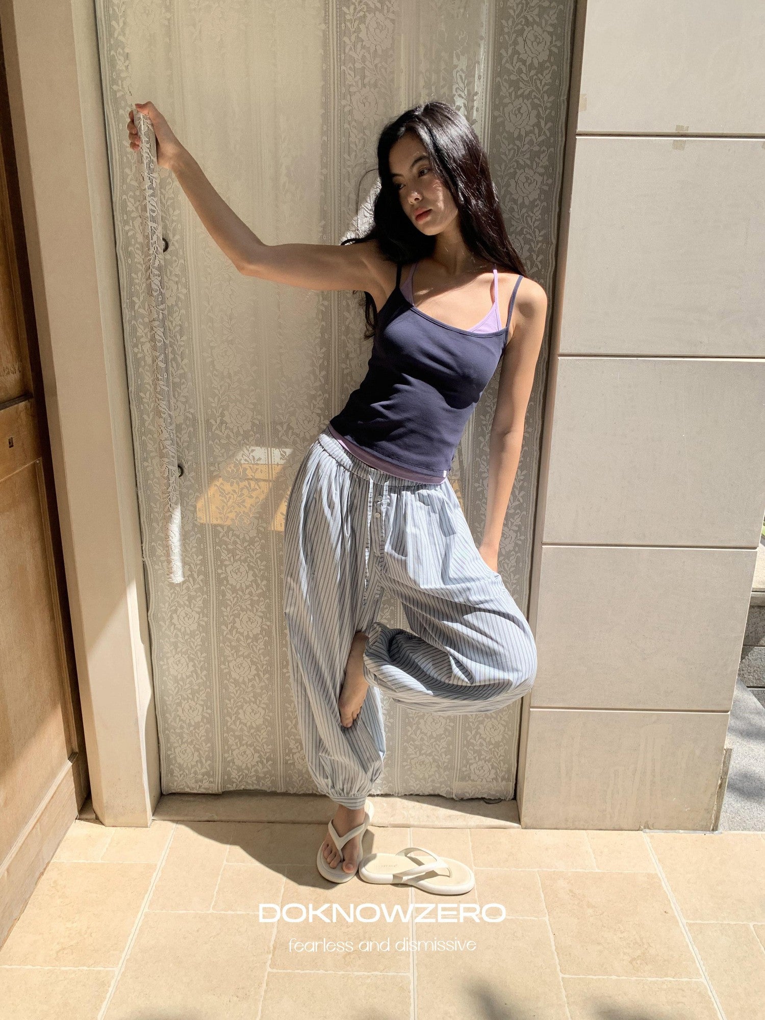 DKZ OFFICIAL Blue White Striped Relaxed Tapered Women&