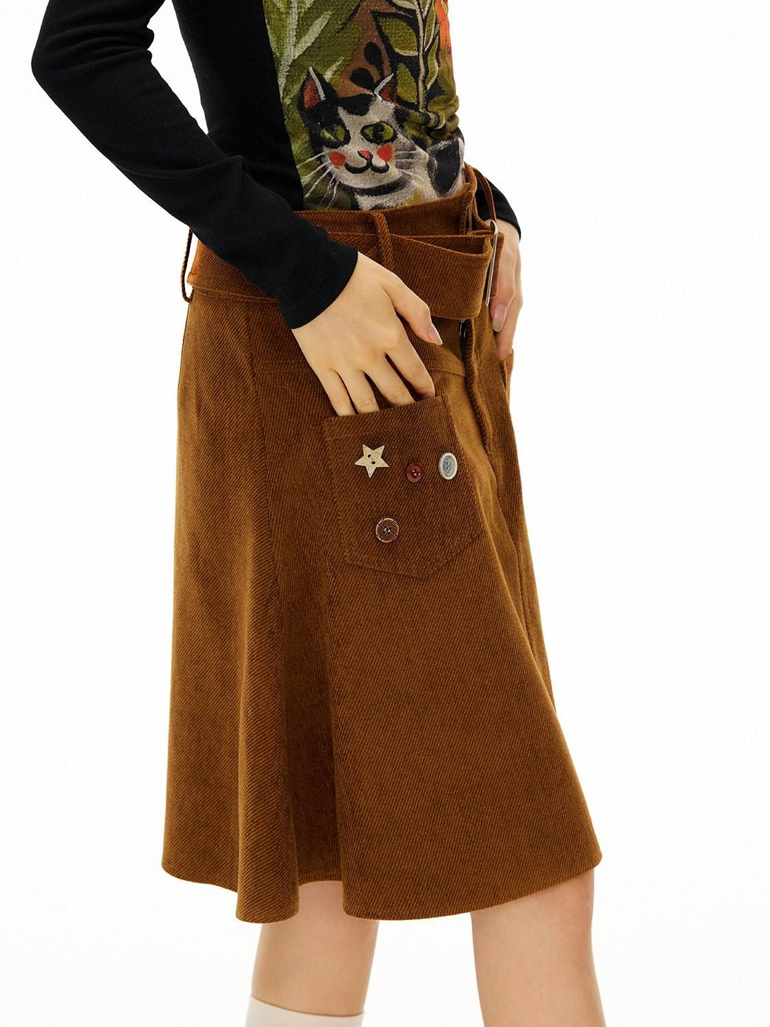 OuttheBlue Handsewn Embroidery Minimalist A Line Mid Waist Caramel Polyester Midi Skirts