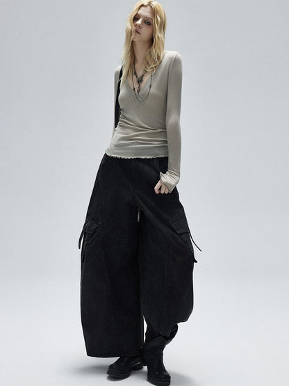 Low pixel Lyocell Wool Blend Printed Slim V-neck Pullover Women Long Sleeve Crop Tops
