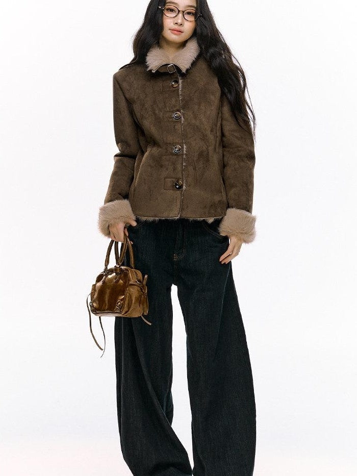 7Shiftin Fleece Lined Original Slim Stand Collar Button Coffee Pink Cropped Jackets