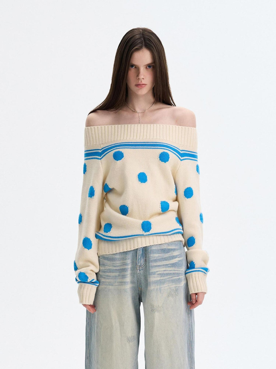 The NeverMore Cozy Thermal Acrylic Wool Polka Dot Boat Neck Relaxed Women Knit Sweaters