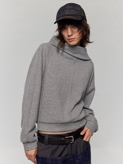 RUN TO THE FUTURE Asymmetric Slanted Neck Loose Fit Retro Office Pullover Heather Gray Sweatshirts