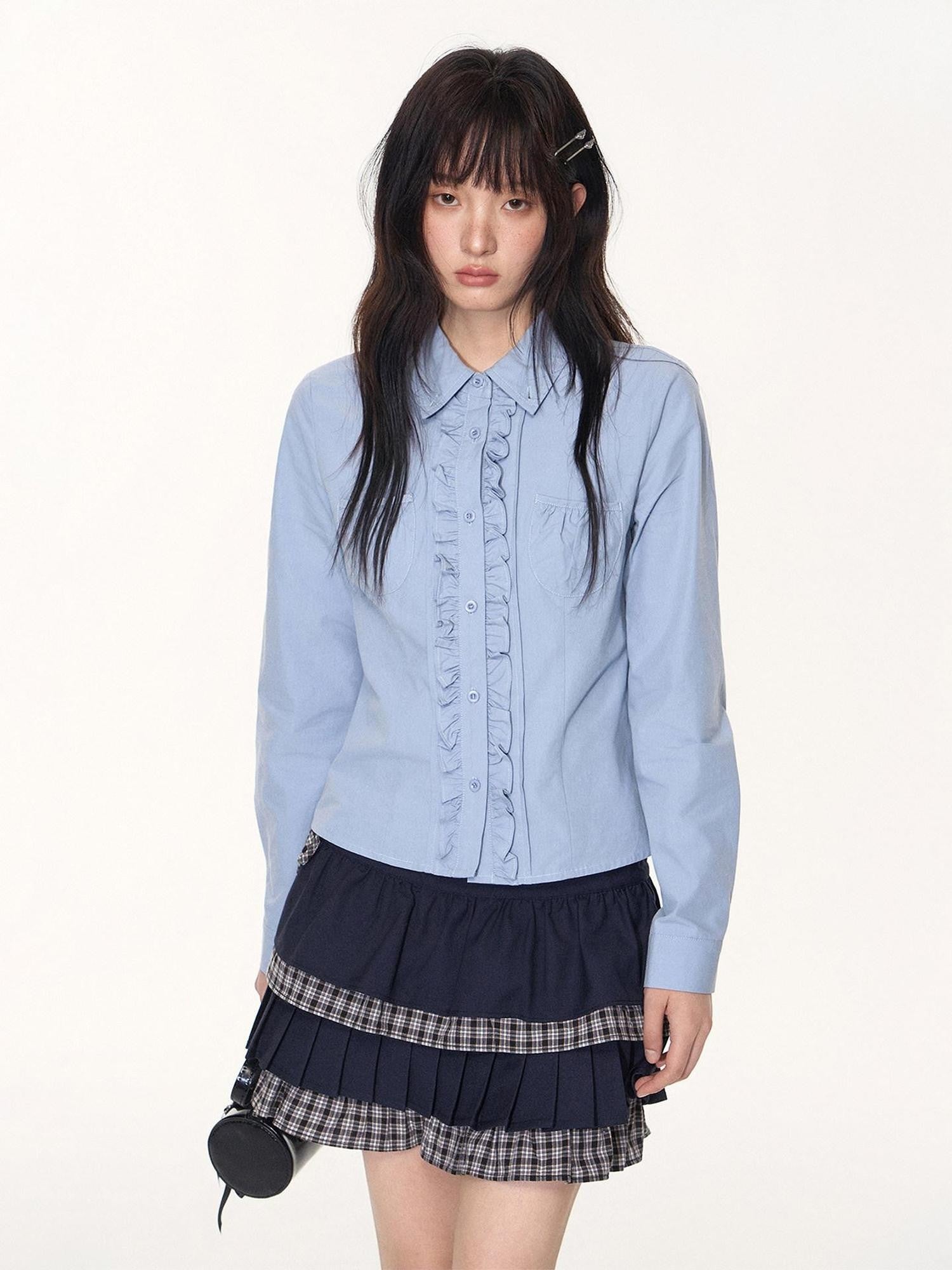 NAPSNAPS Navy Plaid Patchwork Doll Collar Faux Two Piece Women&