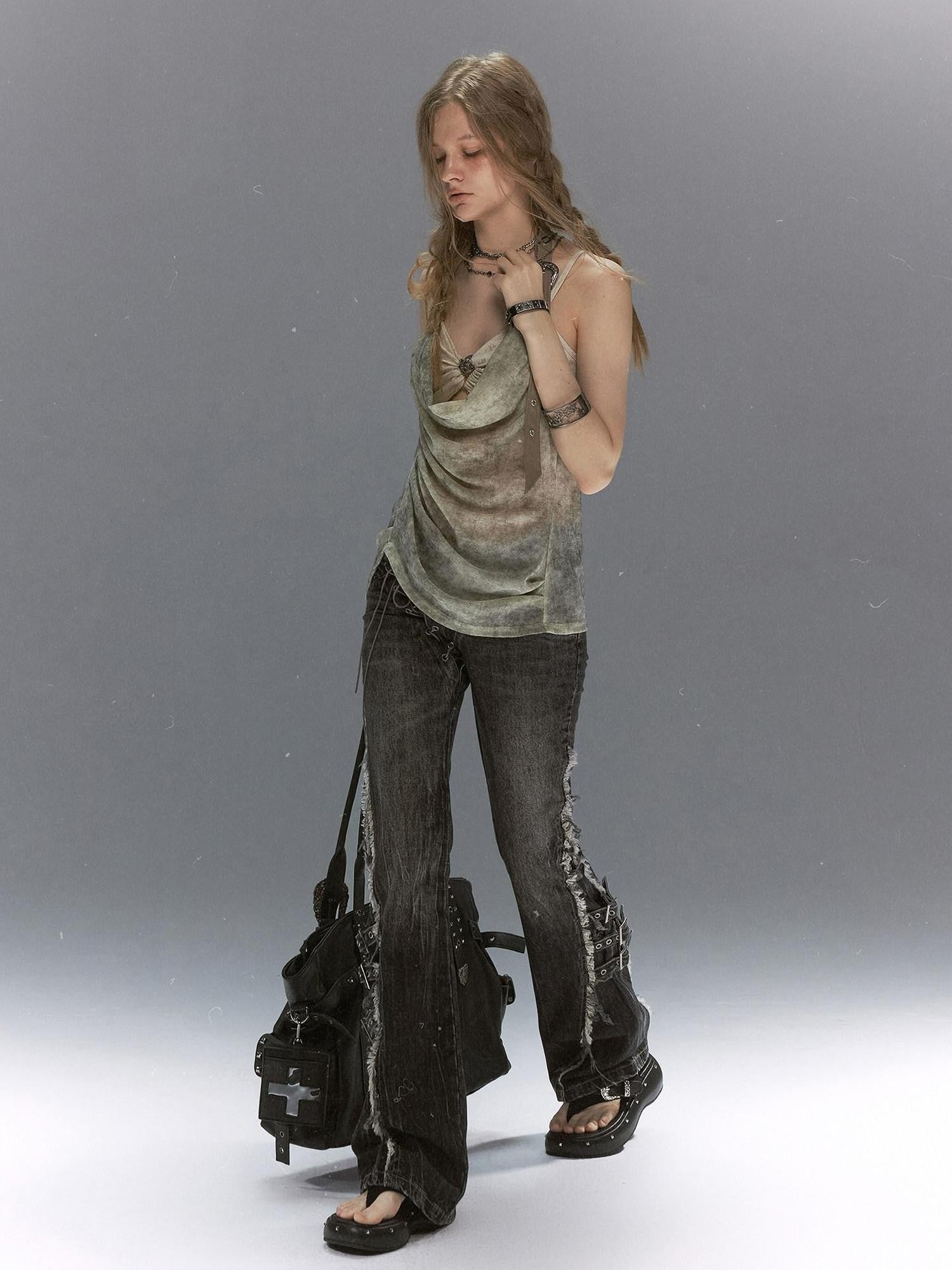 Cest Nous Grunge Punk Studded Dual Strap Detachable Women&