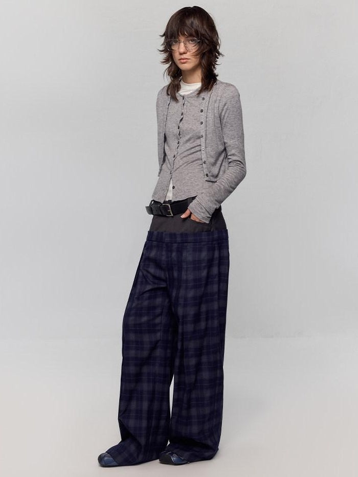 RUN TO THE FUTURE Original Double Waist Pockets Low Rise Wide Leg Women Blue Grey Plaid Chinos