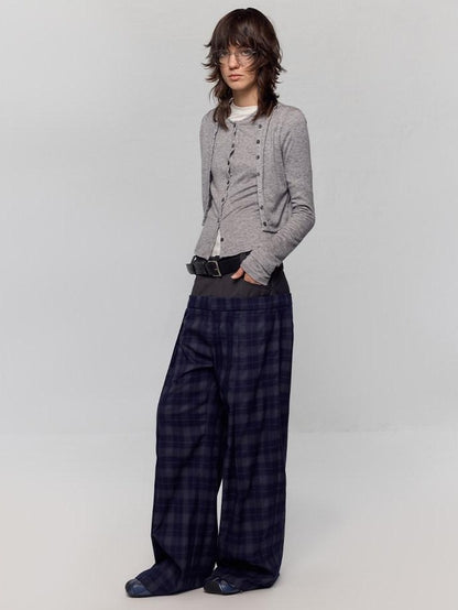 RUN TO THE FUTURE Original Double Waist Pockets Low Rise Wide Leg Women Blue Grey Plaid Chinos