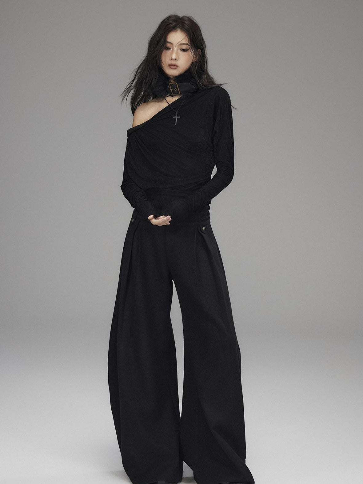 Low pixel Vintage Waist Long Sleeve Slant Neck Black Knit Women Off Shoulder Crop Tops