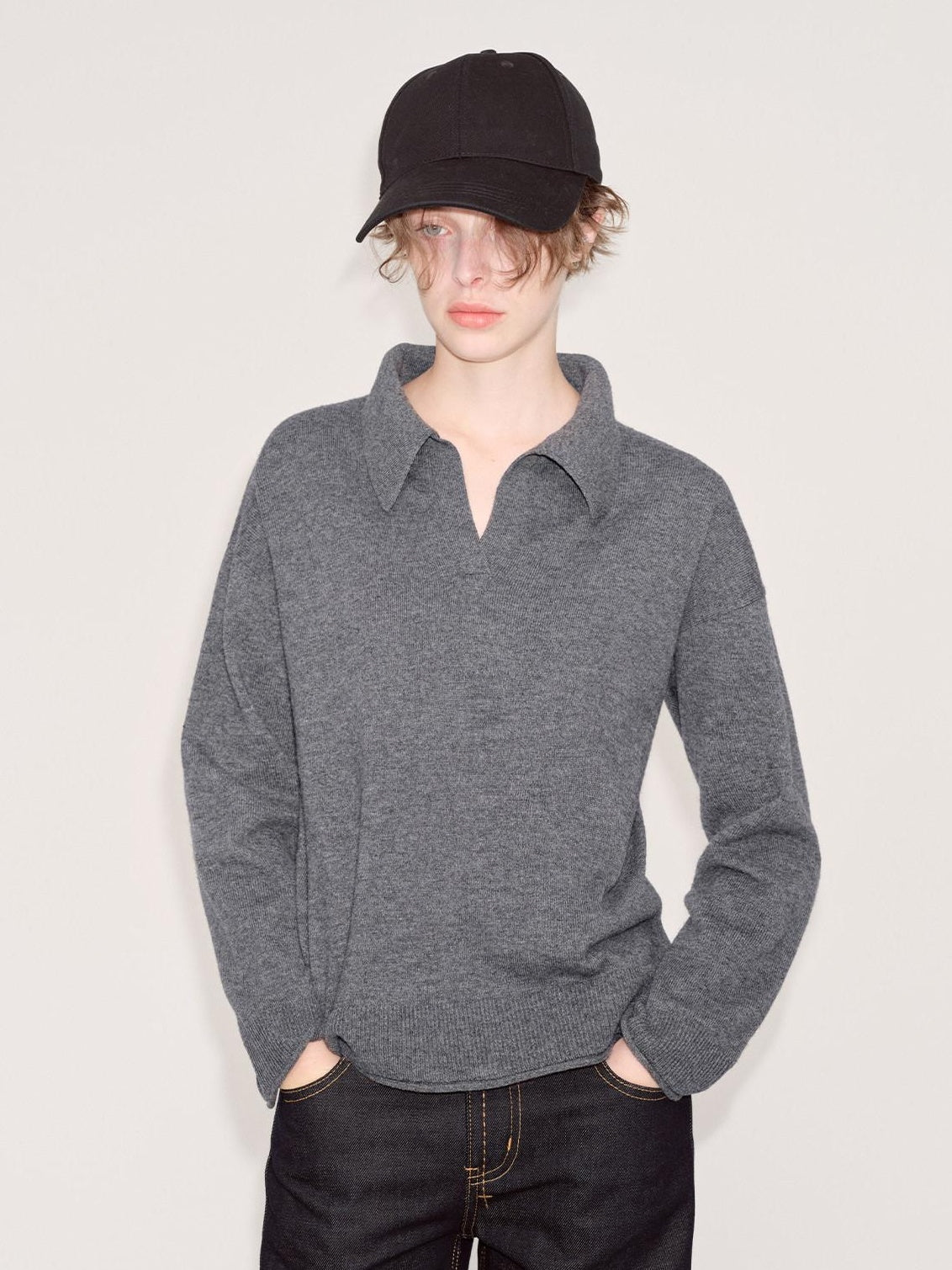 RUN TO THE FUTURE Acrylic Loose Fit Polo Collar Office Commuter Grey Pullover Long Sleeve T-Shirts