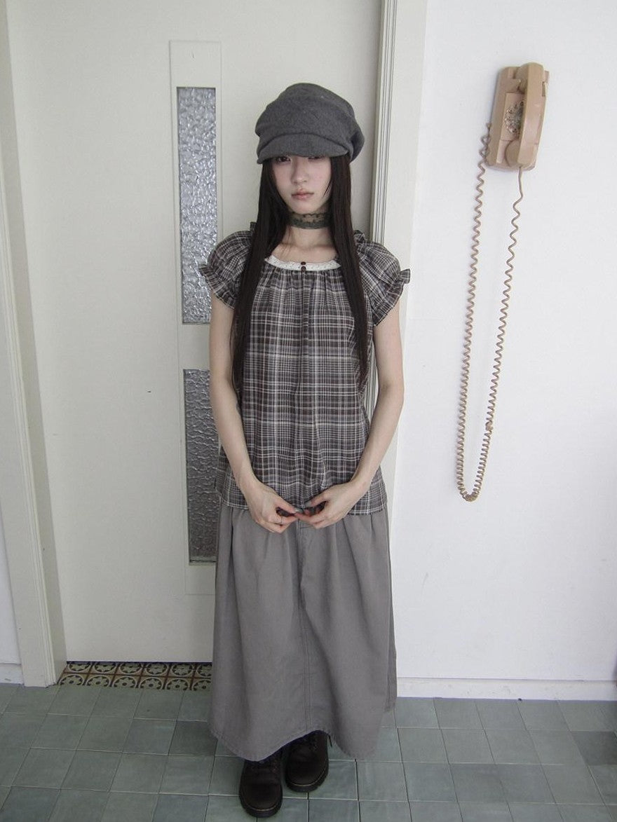 ang project Brown Plaid Patchwork Lace Trim Puff Sleeve Women&