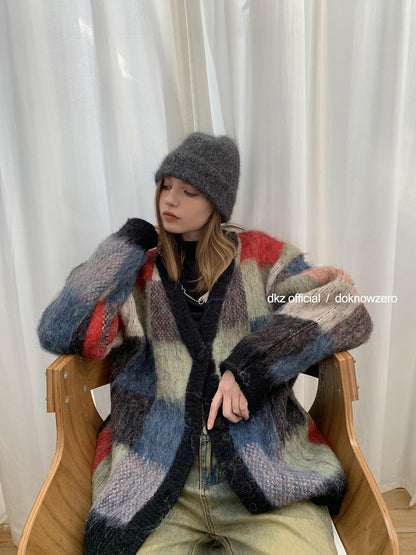 DKZ OFFICIAL Retro Colorful Plaid Knit Buttoned Loose Women&