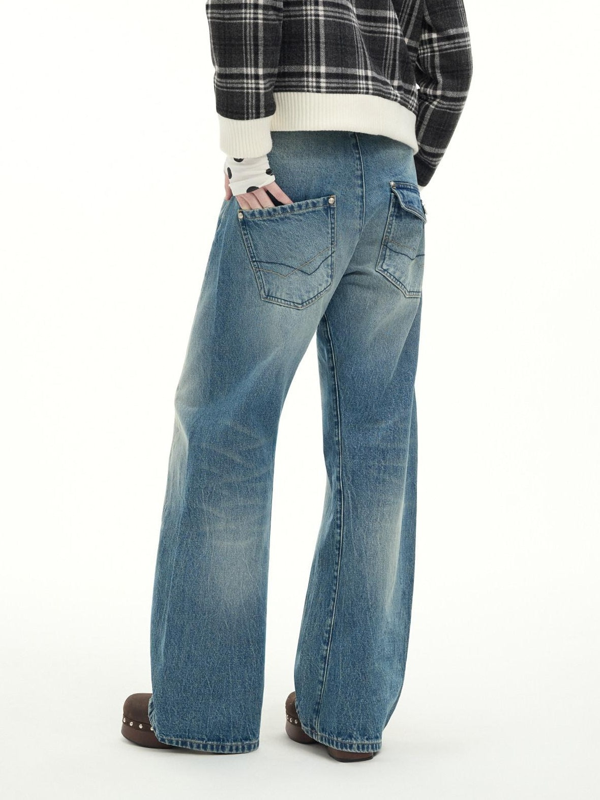 RUN TO THE FUTURE Washed Cotton Casual Natural Waist Topstitch Women Denim Blue Wide-Leg Jeans