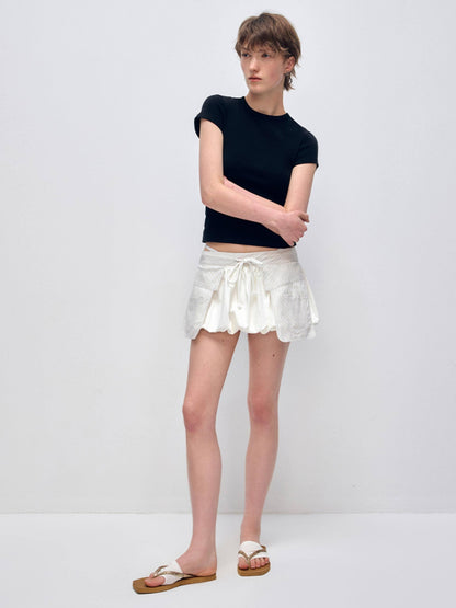 RUN TO THE FUTURE Original Minimal Cotton Lantern Low Waist Tie Pockets Women Short Trousers