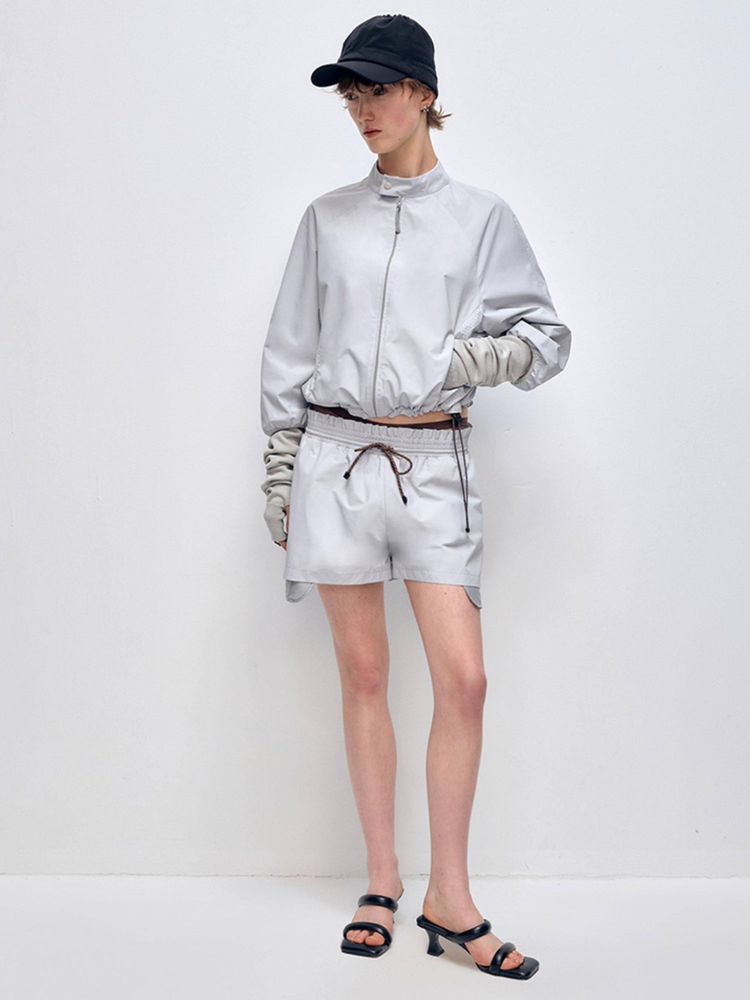 RUN TO THE FUTURE Polyester Two Piece Zip Stand Collar Casual Women Navy Green Short Trousers