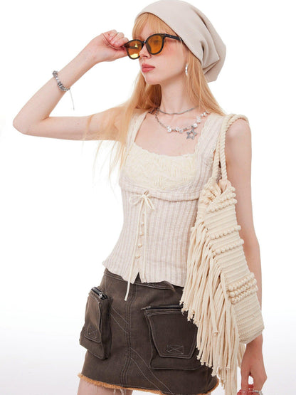 The NeverMore Lace Tie Patchwork Slim Crop Cotton Blend Casual Beige Solid Tank Camisoles
