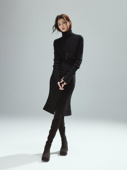 Low pixel Wool Blend Lined Patchwork Hline Slim Low Waist Black Side Zip Midi Skirts