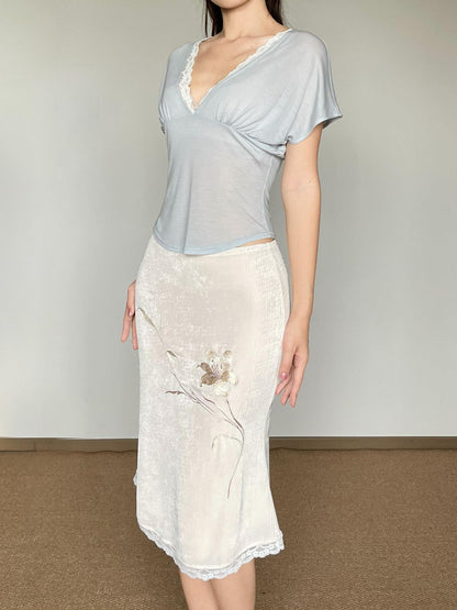 Wet Tail Pure Lyocell Slim Fit V-neck Flare Sleeve Women Cheongsam Short Sleeve T-Shirts