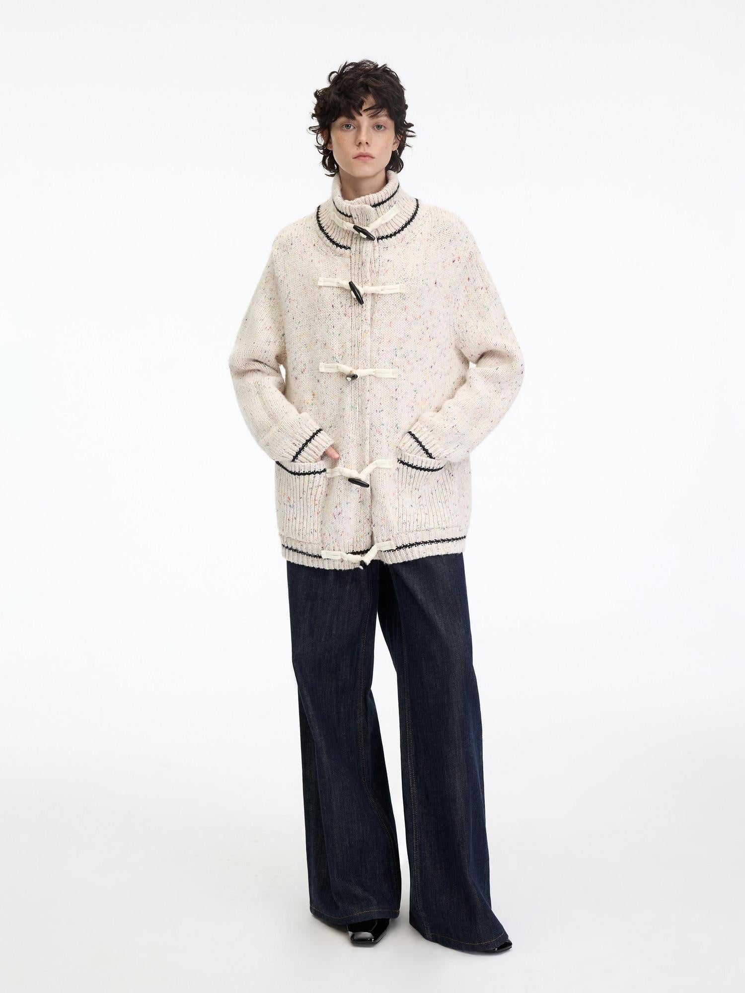 RUN TO THE FUTURE Viscose Wool Blend Button Cardigan Stand Collar Loose Fit Women Apricot Sweaters