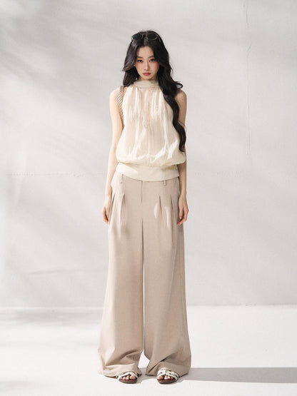 7Shiftin Soft Lyocell Loose Halter High Neck Short Beige Womens Off Shoulder Crop Tops