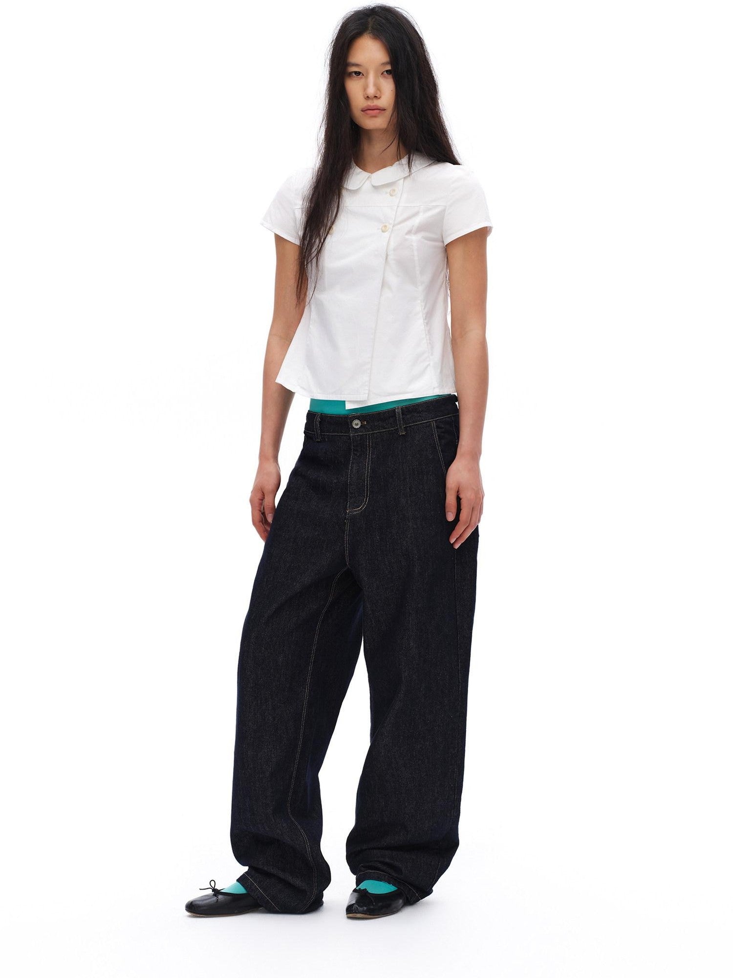 oinimi White Double Button Peter Pan Collar Slim Fit Short Sleeve Women&