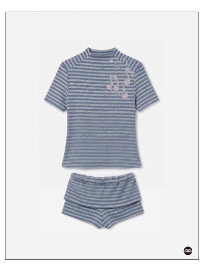takeabreak Blue Grey Heather Striped Music Note Heat Transfer Women&