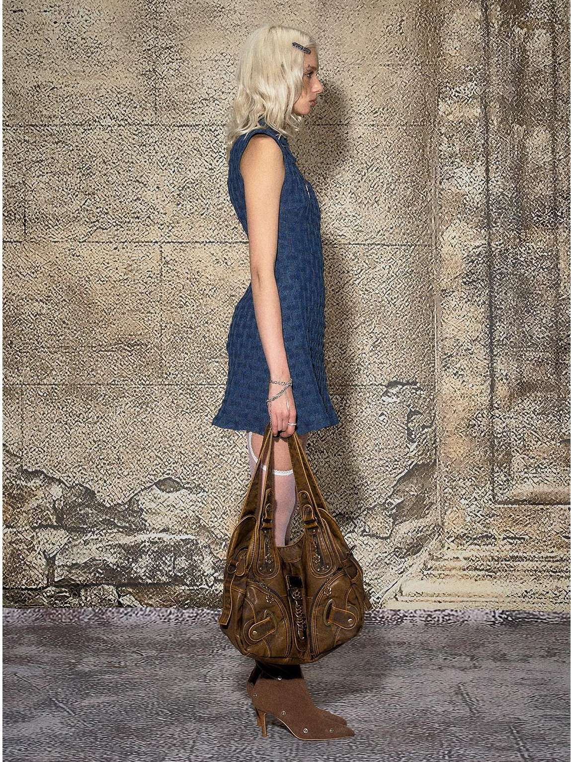The NeverMore High Waist Cotton Halter Sleeveless A Line Tiered Street Blue Mini Dresses