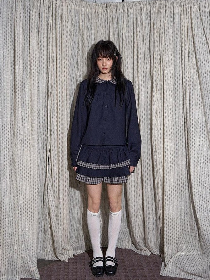 NAPSNAPS Navy Plaid Patchwork Doll Collar Faux Two Piece Women&