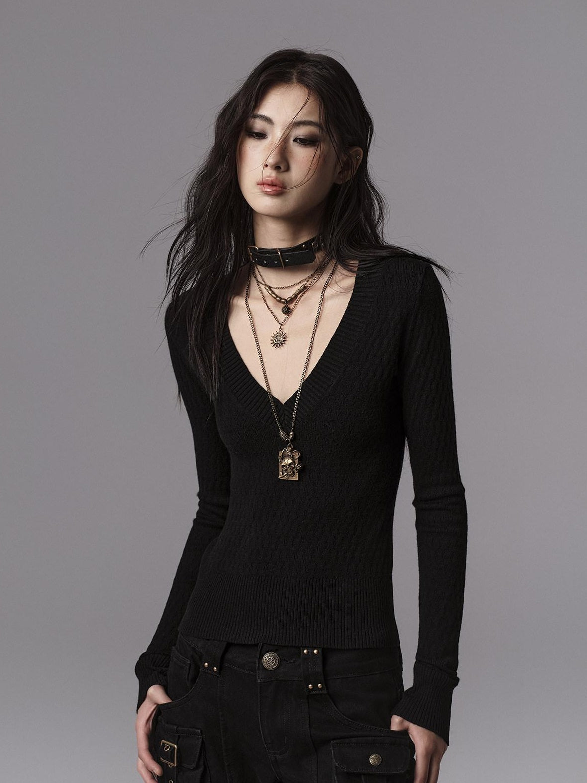 Low pixel Waist Cinched Gothic Slim V-neck Black Women Pullover Cropped Jackets
