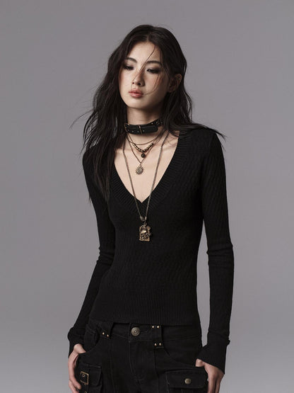 Low pixel Waist Cinched Gothic Slim V-neck Black Women Pullover Cropped Jackets