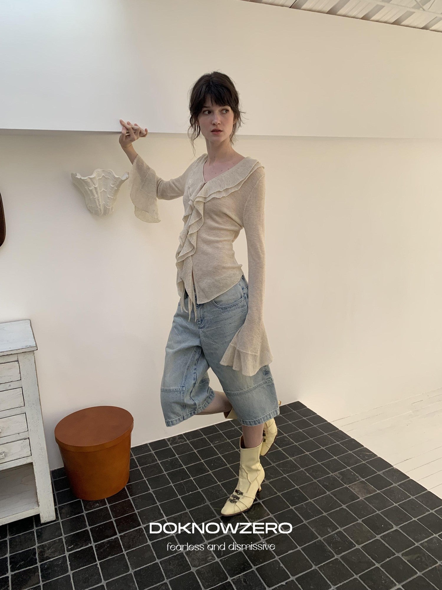 DKZ OFFICIAL Irregular Ruffle Tie V-neck Sheer Knitted Women&
