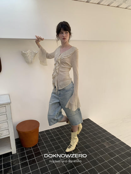 DKZ OFFICIAL Irregular Ruffle Tie V-neck Sheer Knitted Women&
