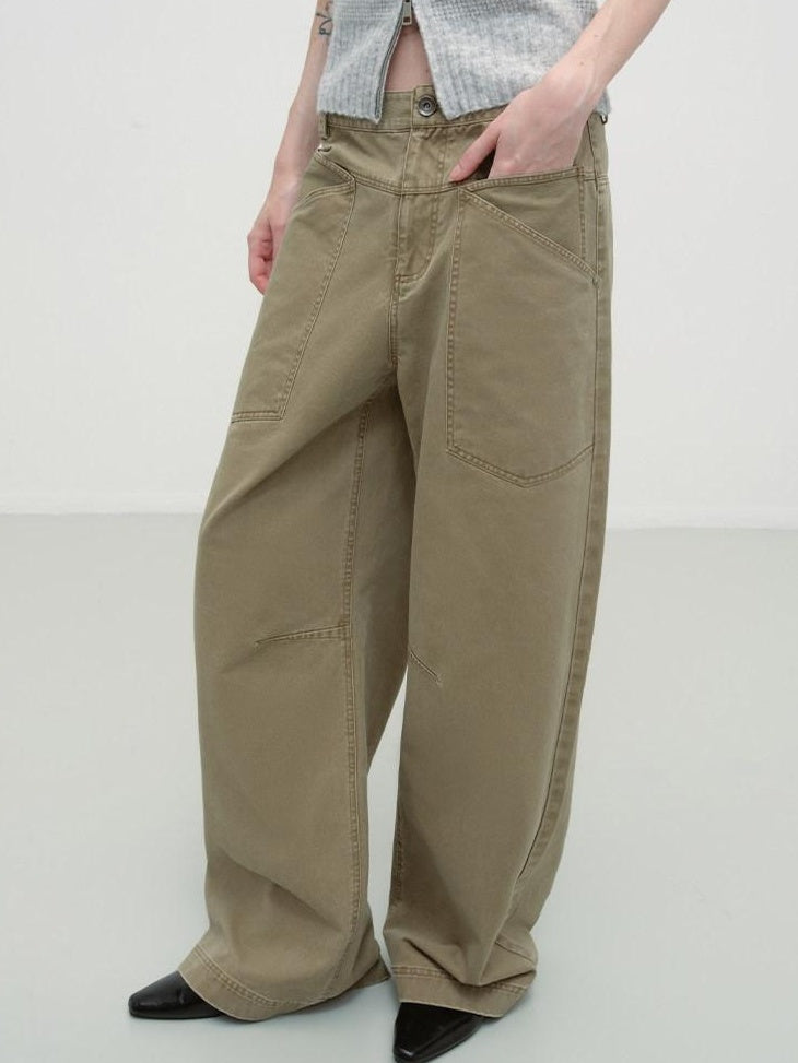 RUN TO THE FUTURE Washed Cotton Khaki Cargo Pockets Loose Mid Rise Zip Fly Casual Straight Pants